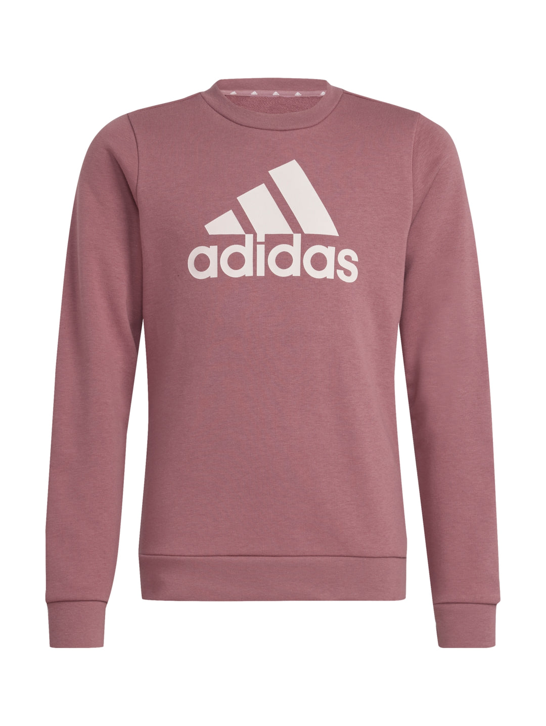 Niña vistiendo sudadera Adidas color Sand Strata con logotipo blanco grande en el pecho.