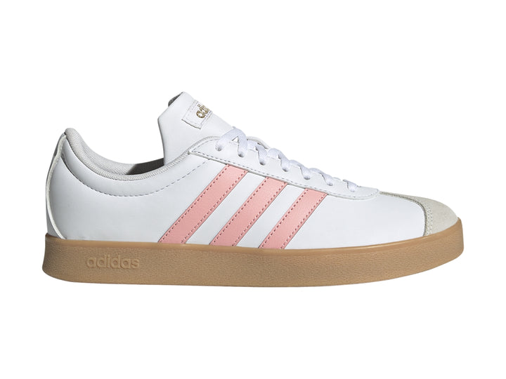 Tenis Adidas blancos con tres franjas rosas y suela de goma color café.