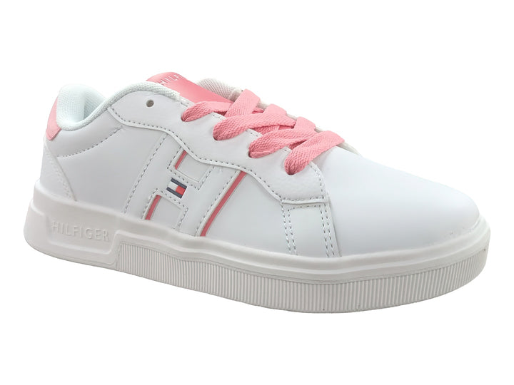 Tenis Tommy Hilfiger blancos con detalles y cordones en color rosa strawberry para niña.