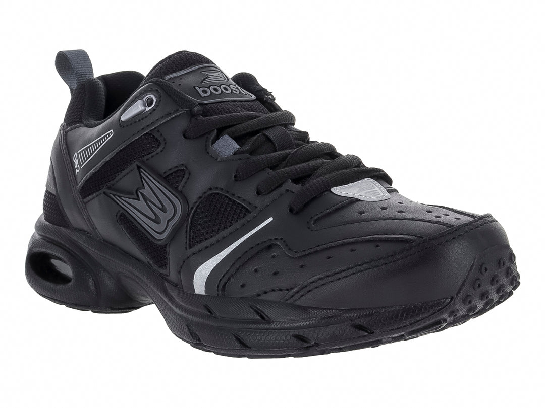 Tenis deportivos infantiles color negro con detalles en gris y suela amortiguada.