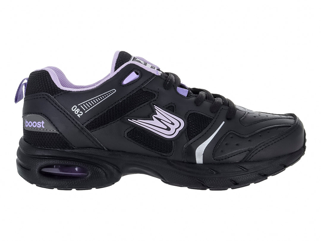 Tenis deportivos color negro con detalles en lila y blanco, vista lateral.