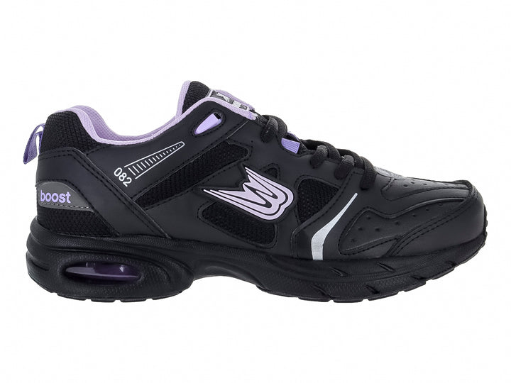 Tenis deportivos color negro con detalles en lila y blanco, vista lateral.