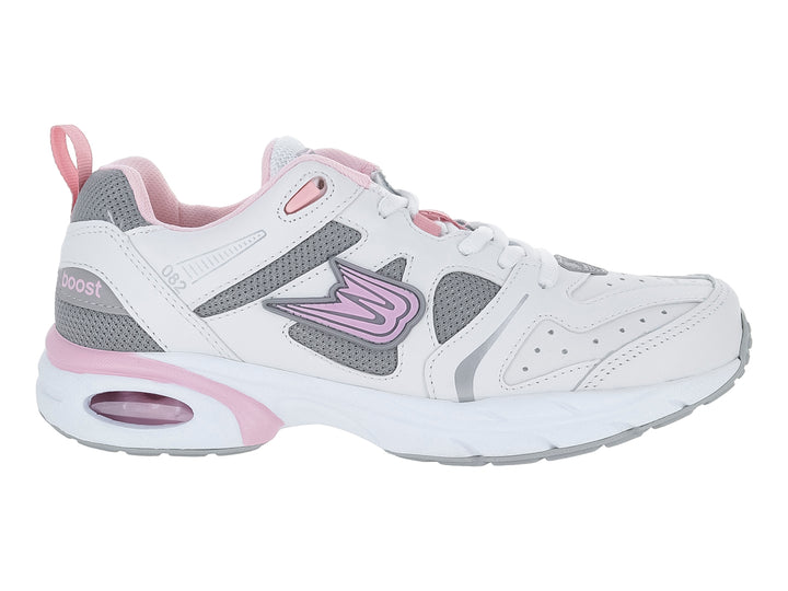 Tenis deportivos BOOST 082 color blanco con detalles en gris y rosa.
