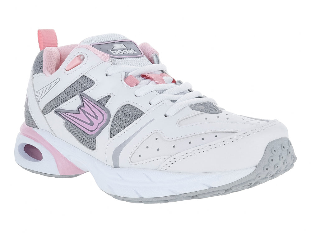 Tenis deportivos BOOST 082 color blanco con detalles en gris y rosa.