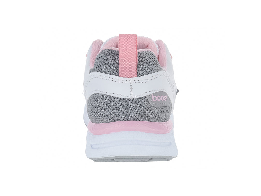 Tenis deportivos BOOST 082 color blanco con detalles en gris y rosa.