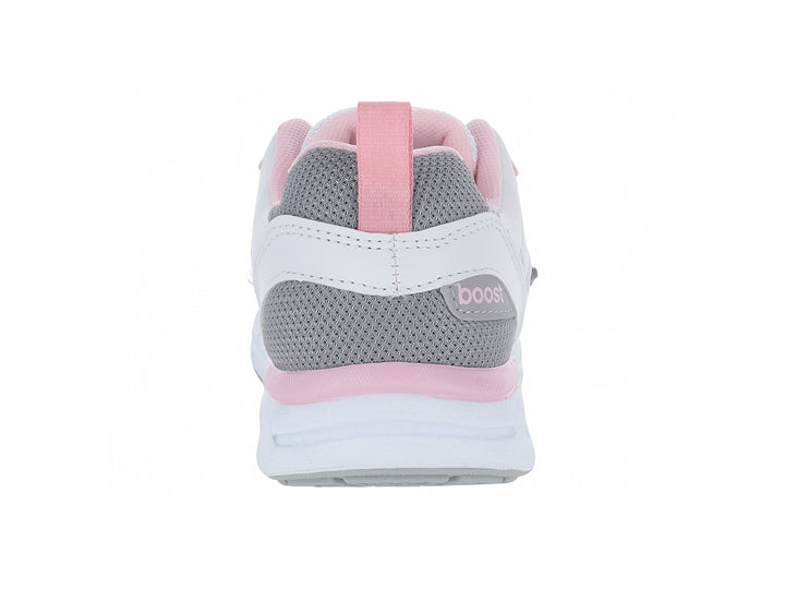 Tenis deportivos BOOST 082 color blanco con detalles en gris y rosa.