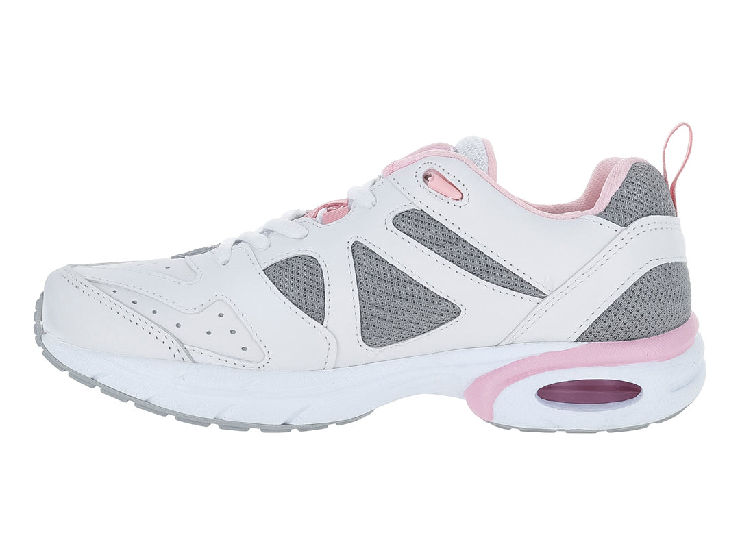 Tenis deportivos BOOST 082 color blanco con detalles en gris y rosa.