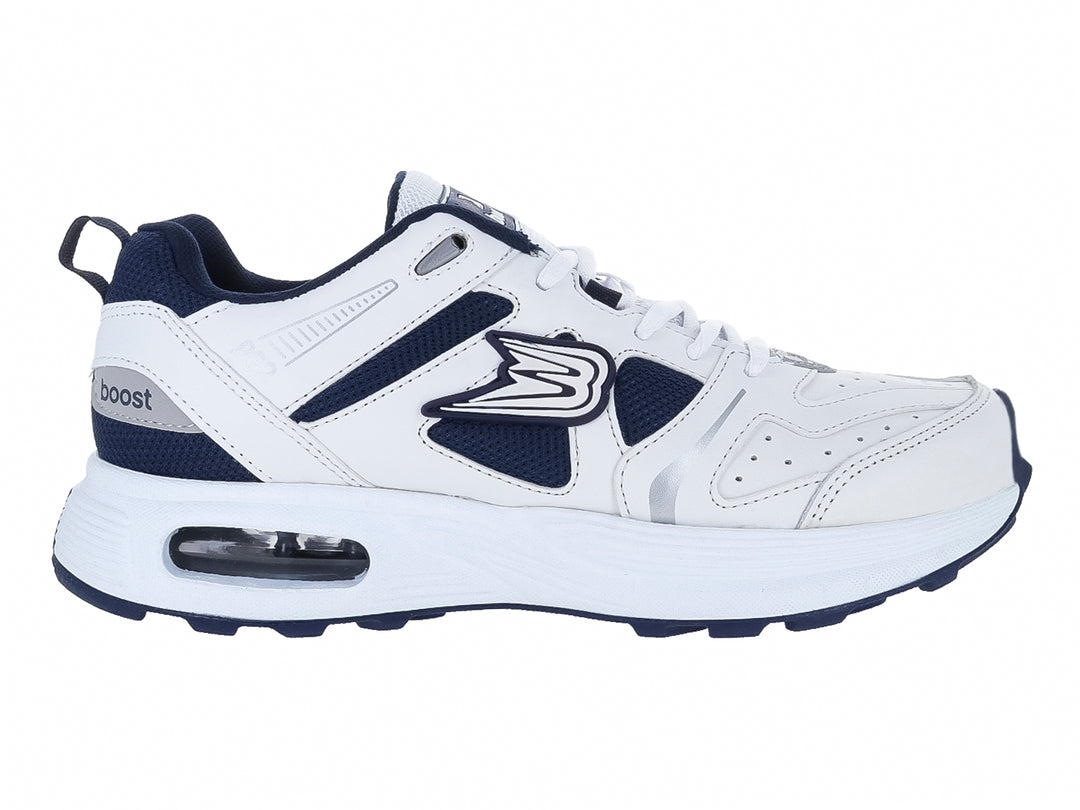Tenis deportivos Boost en color blanco con detalles en azul marino y suela blanca con cámara de aire visible.