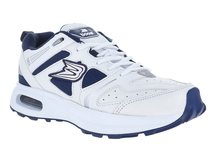 Tenis deportivos Boost en color blanco con detalles en azul marino y suela blanca con cámara de aire visible.