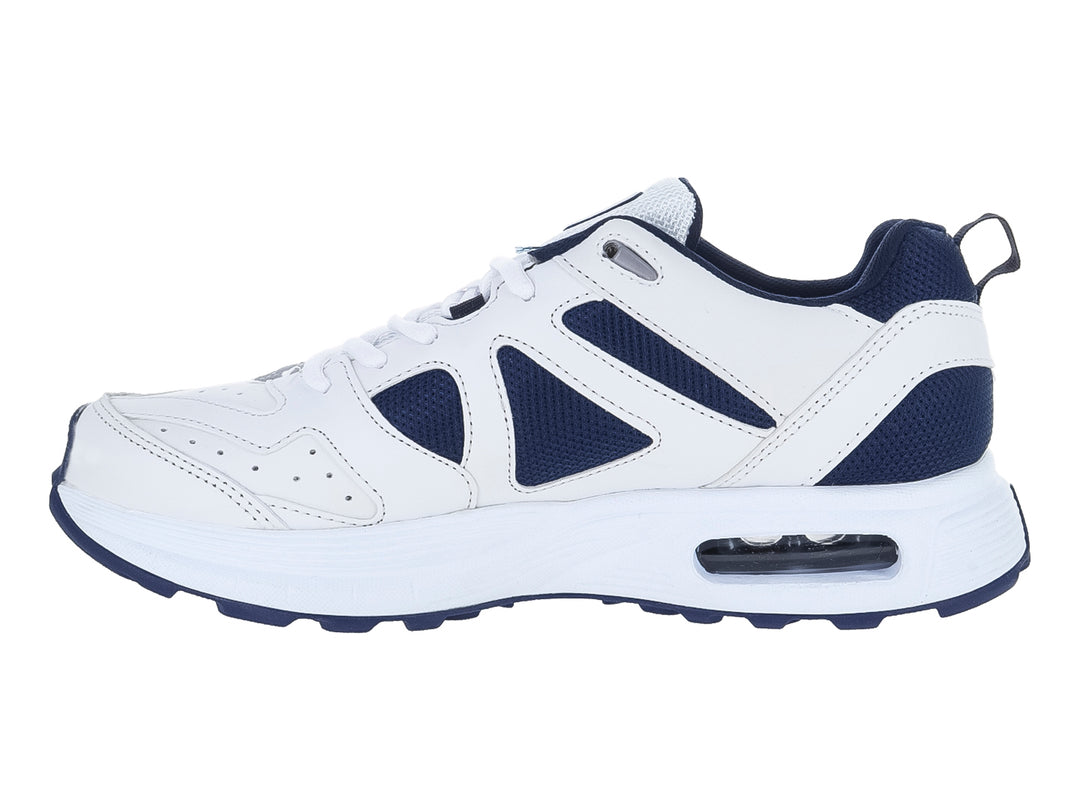 Tenis deportivos Boost en color blanco con detalles en azul marino y suela blanca con cámara de aire visible.