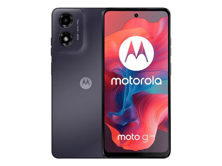 Smartphone Motorola G04s color negro, vista frontal y posterior.