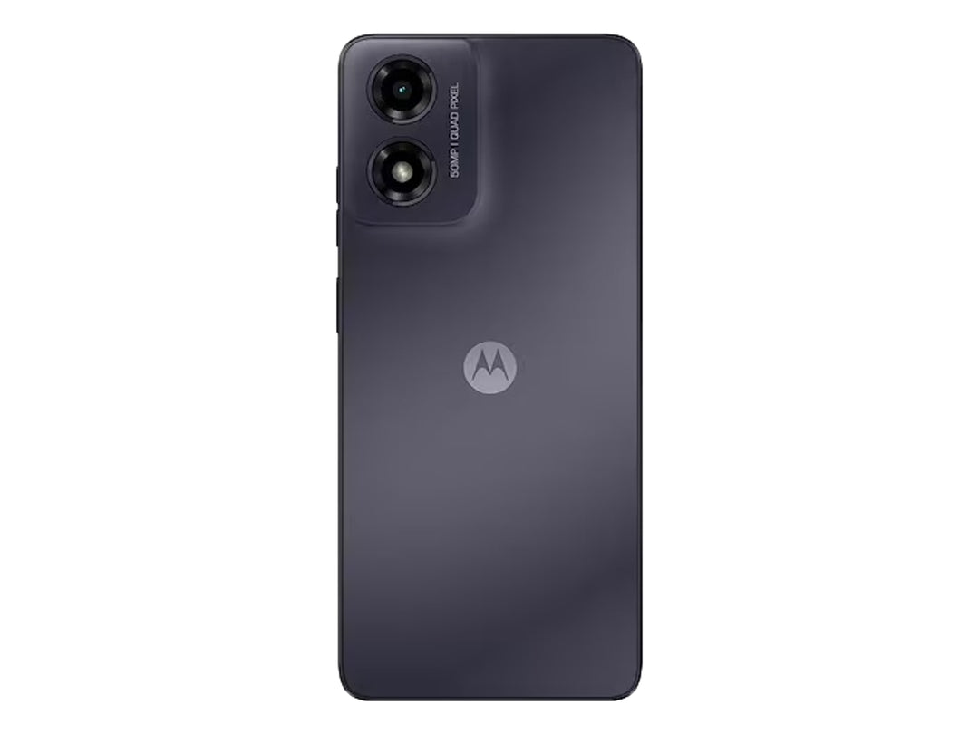 Smartphone Motorola G04s color negro, vista frontal y posterior.