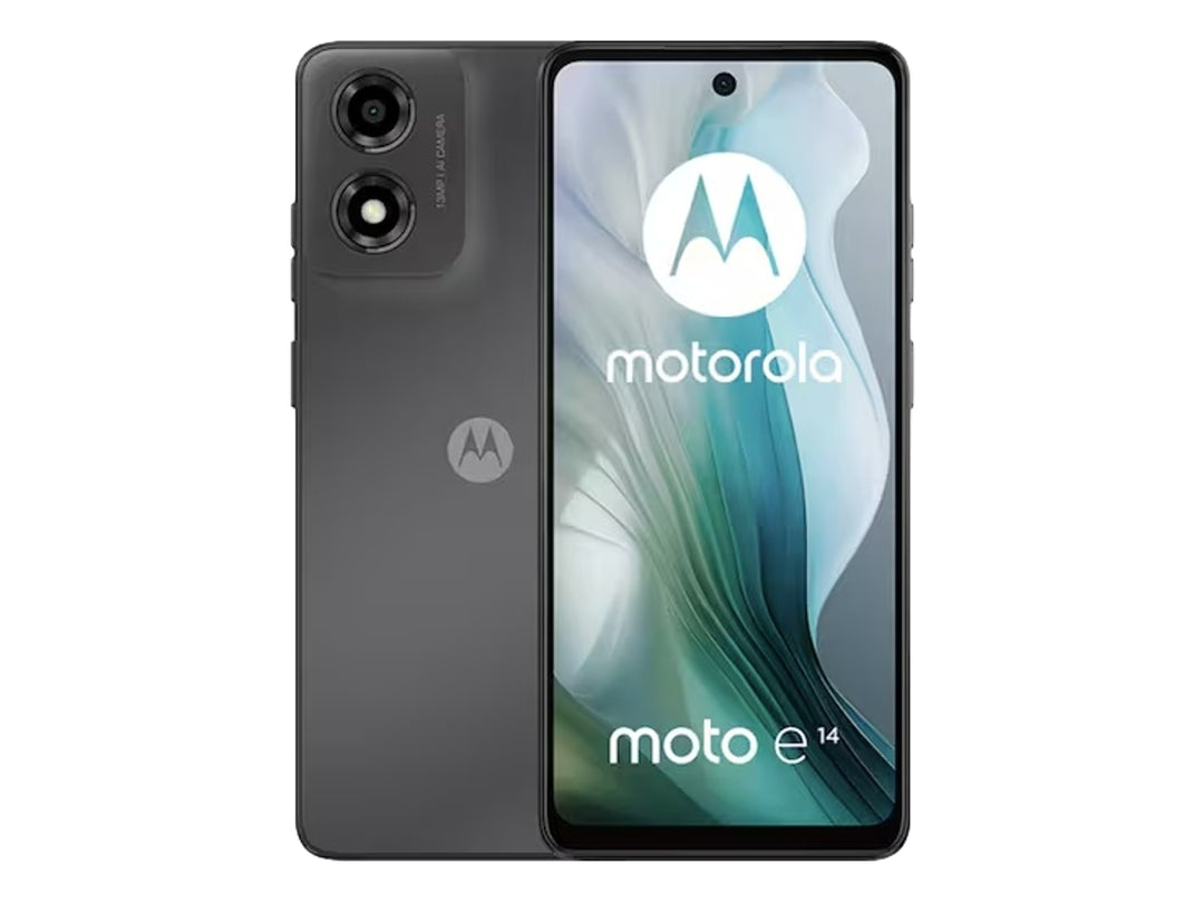 Teléfono inteligente Motorola Moto e14 en color gris, vista frontal y posterior sobre fondo blanco.