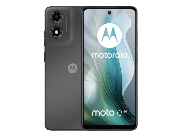 Teléfono inteligente Motorola Moto e14 en color gris, vista frontal y posterior sobre fondo blanco.