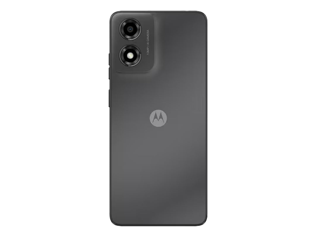 Teléfono inteligente Motorola Moto e14 en color gris, vista frontal y posterior sobre fondo blanco.