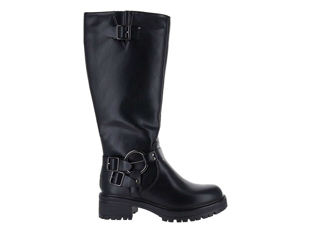Bota alta negra con hebillas metálicas y suela track robusta.