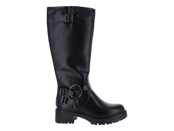 Bota alta negra con hebillas metálicas y suela track robusta.