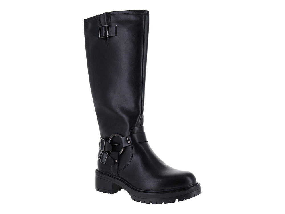 Bota alta negra con hebillas metálicas y suela track robusta.