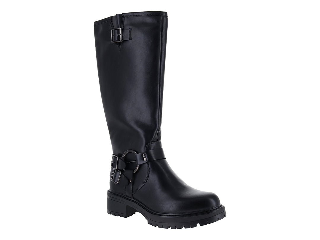 Bota alta negra con hebillas metálicas y suela track robusta.