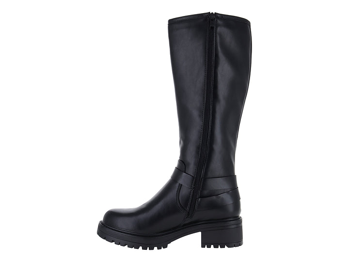 Bota alta negra con hebillas metálicas y suela track robusta.