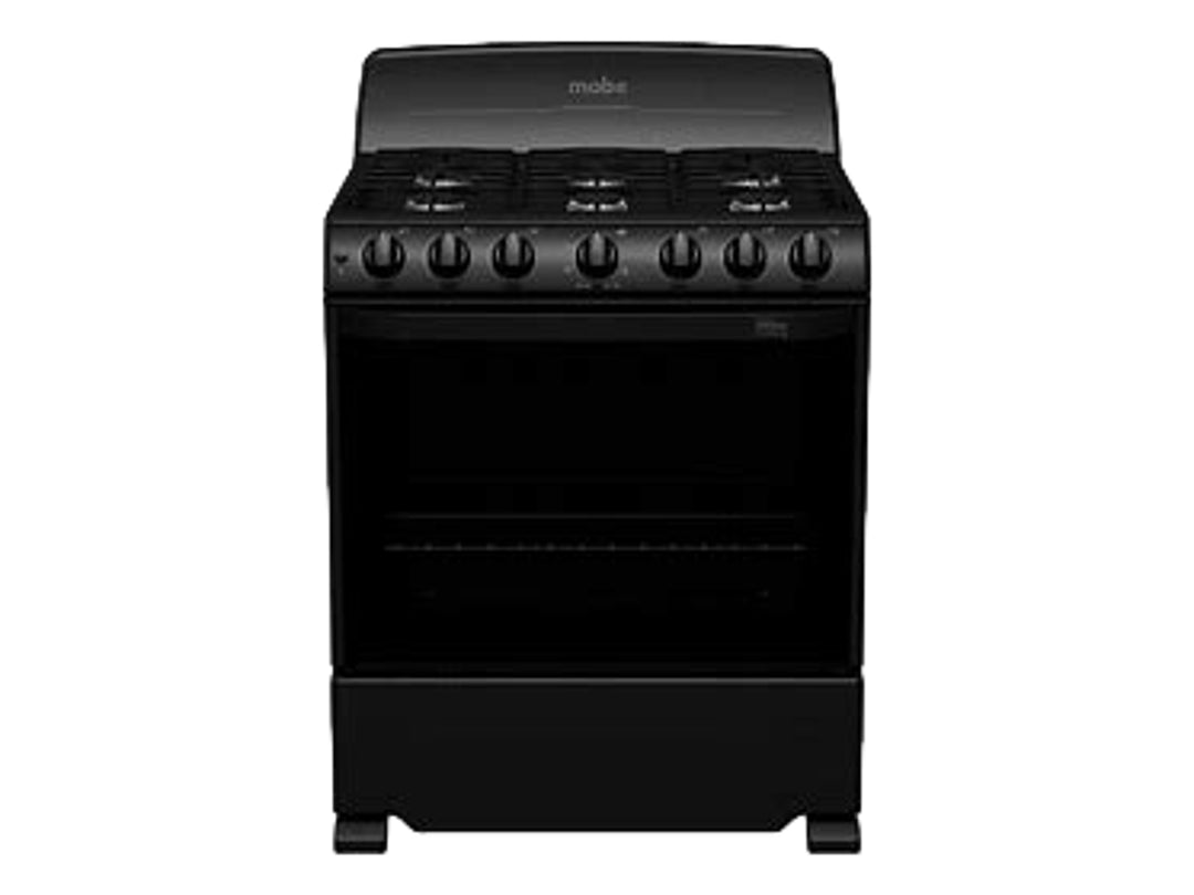 Estufa Mabe de color negro con 6 quemadores y horno integrado.