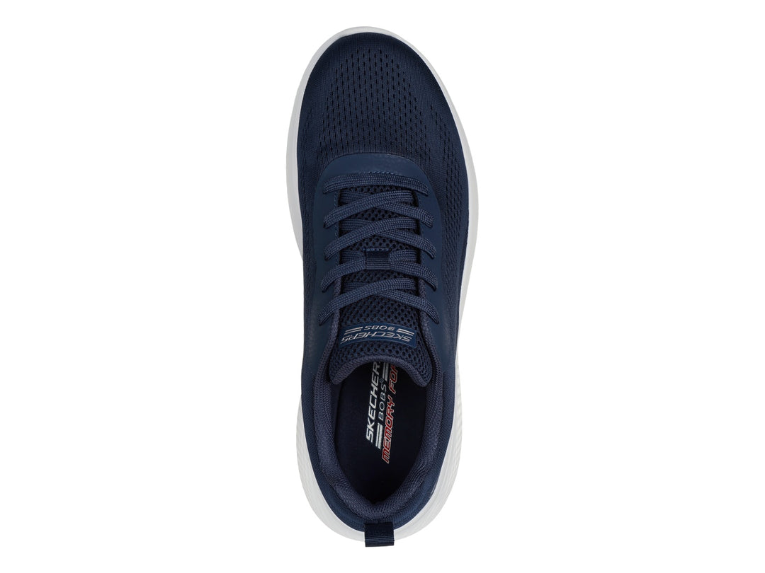 Tenis Skechers BOBS Infinity en color azul marino con suela blanca gruesa y tejido transpirable.