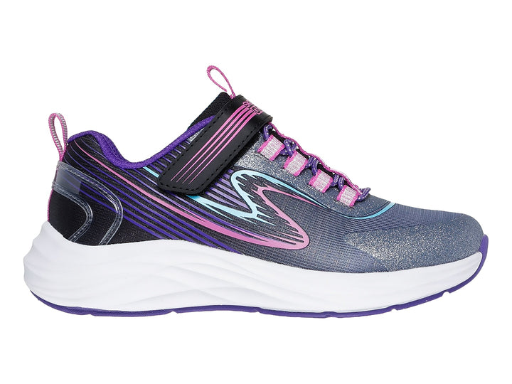 Tenis deportivos Skechers color negro y multicolor con suela blanca y detalles en rosa y morado.