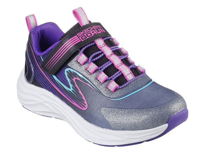 Tenis deportivos Skechers color negro y multicolor con suela blanca y detalles en rosa y morado.