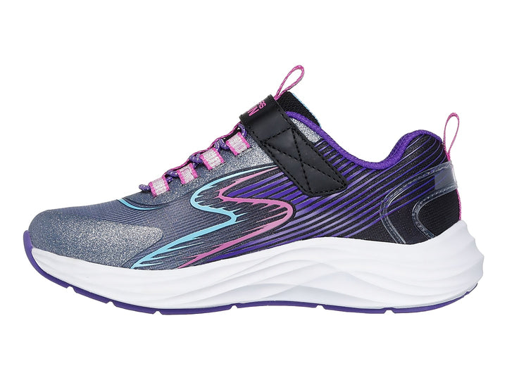 Tenis deportivos Skechers color negro y multicolor con suela blanca y detalles en rosa y morado.