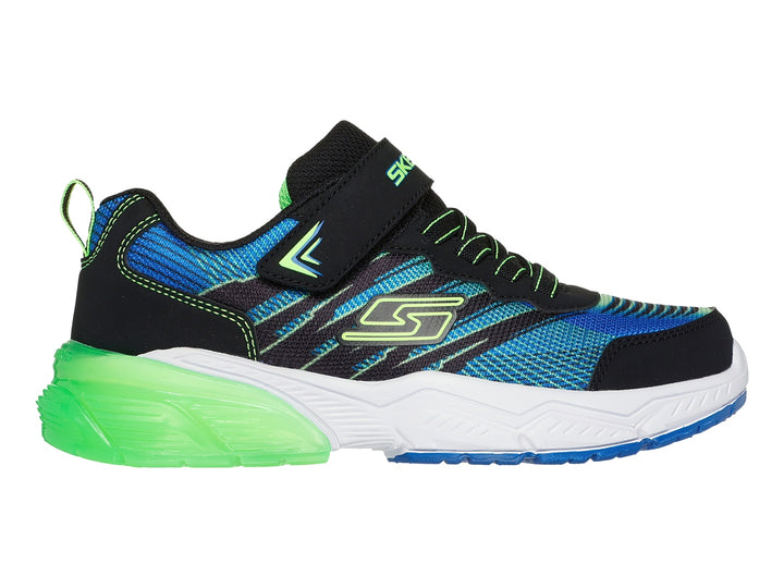 Tenis deportivos Skechers para niño en colores azul, negro y lima con suela blanca y verde.