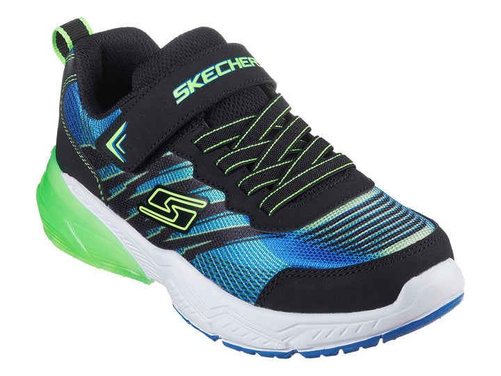 Tenis deportivos Skechers para niño en colores azul, negro y lima con suela blanca y verde.