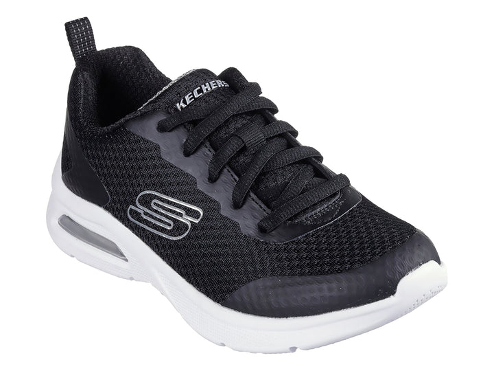 Tenis Skechers Microspec Max 17 en color negro con suela blanca y amortiguación visible.