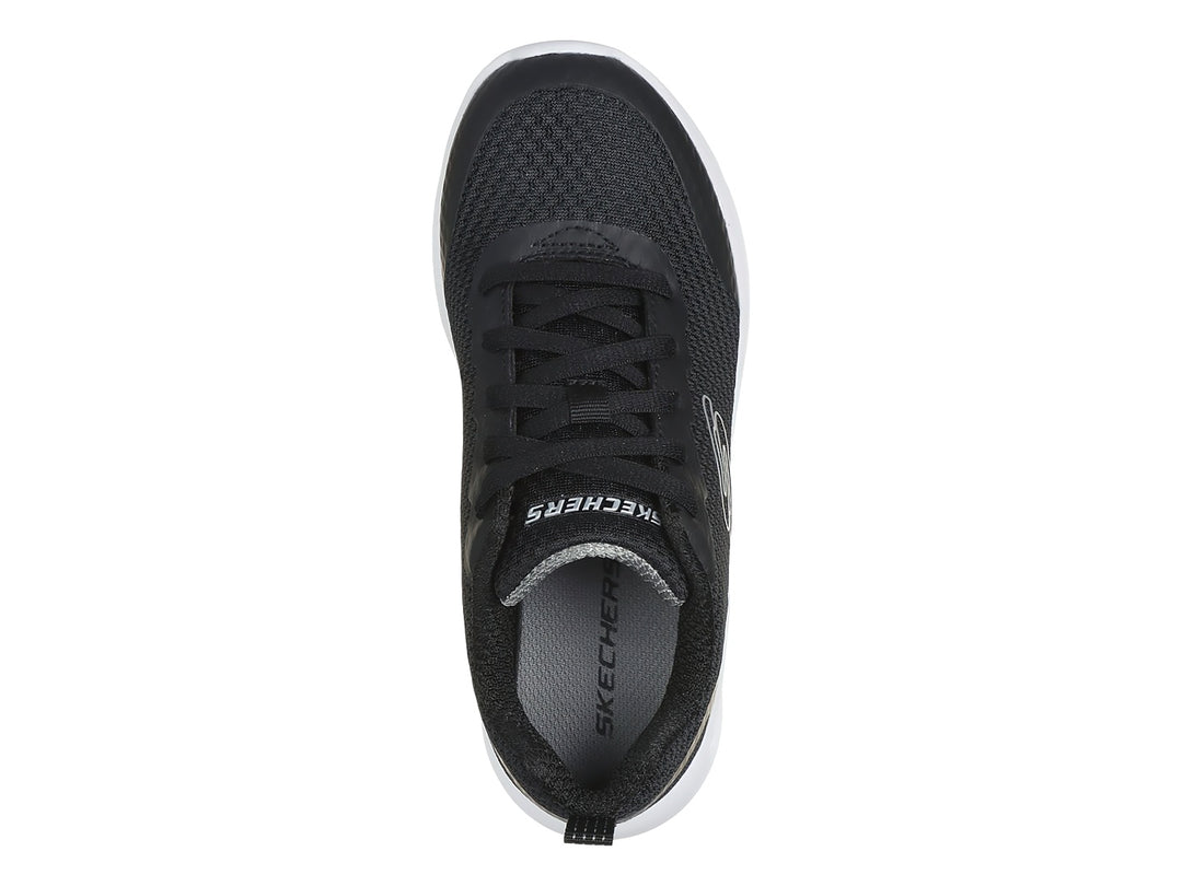 Tenis Skechers Microspec Max 17 en color negro con suela blanca y amortiguación visible.