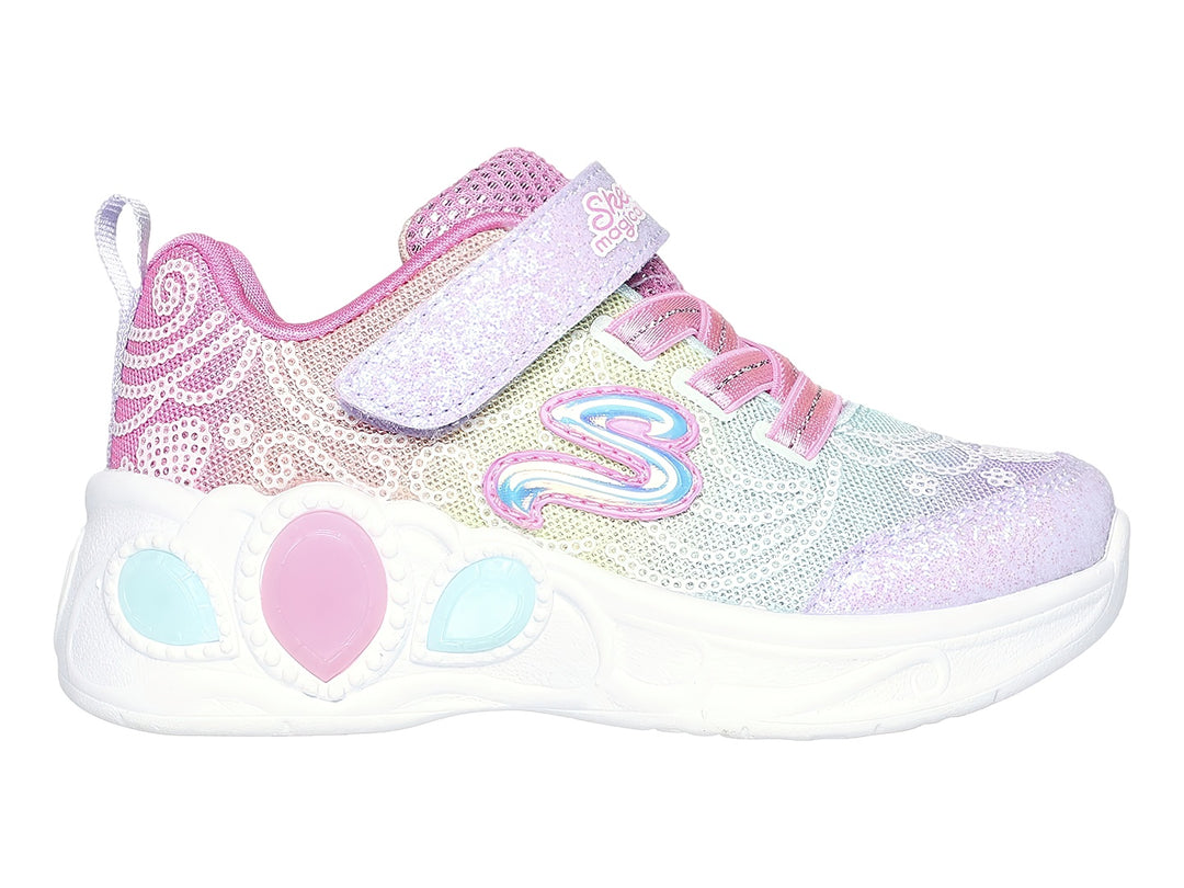 Tenis Skechers para niña en colores multicolor con detalles brillantes y suela blanca decorada.