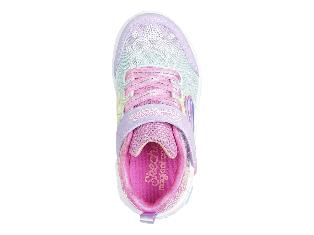 Tenis Skechers para niña en colores multicolor con detalles brillantes y suela blanca decorada.