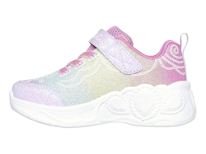 Tenis Skechers para niña en colores multicolor con detalles brillantes y suela blanca decorada.