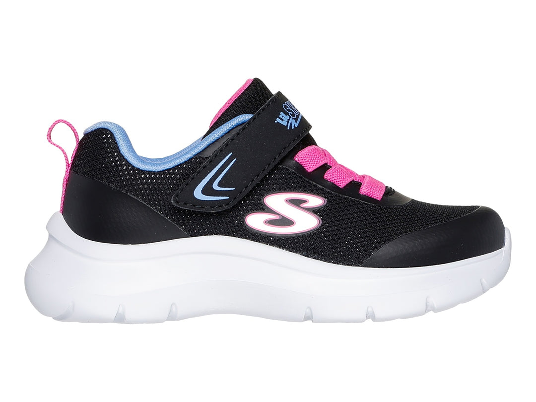 Tenis deportivos Skechers para niña en color negro con detalles en rosa y azul y suela blanca.