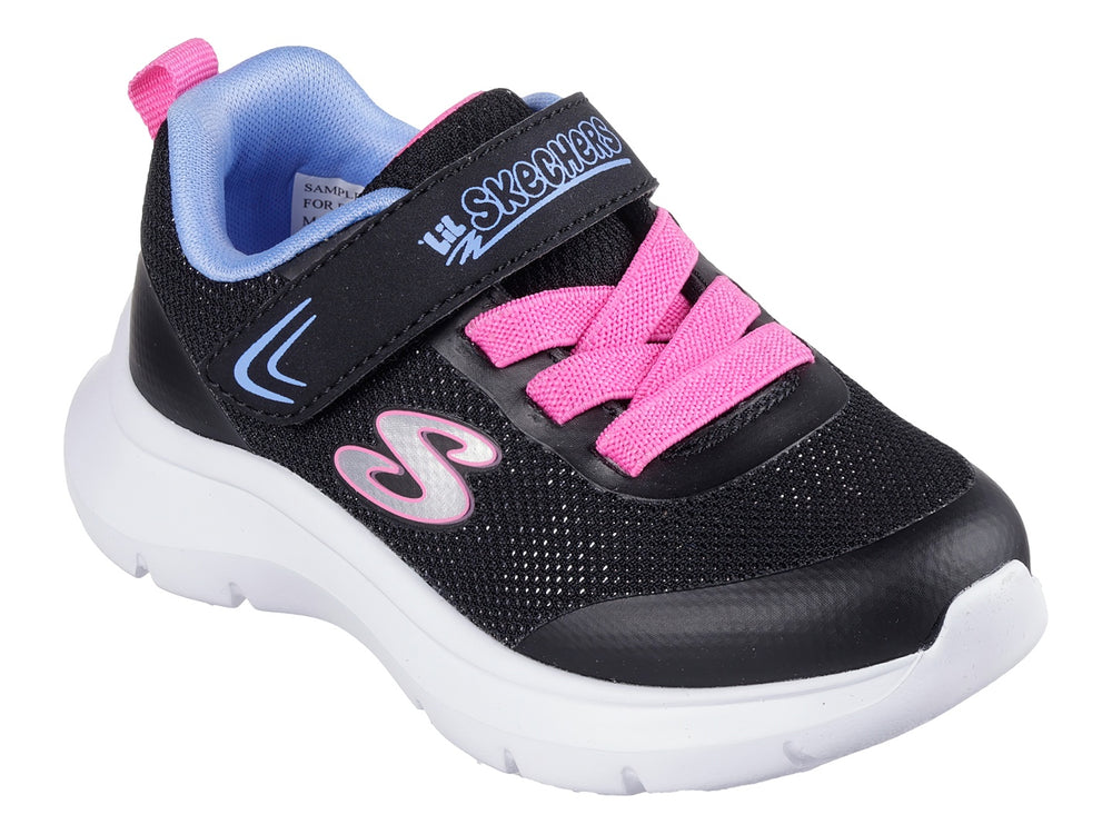 Tenis deportivos Skechers para niña en color negro con detalles en rosa y azul y suela blanca.