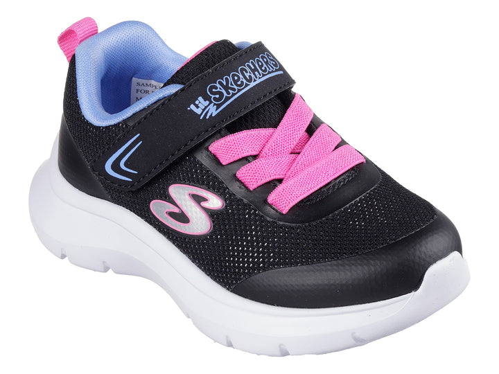 Tenis deportivos Skechers para niña en color negro con detalles en rosa y azul y suela blanca.