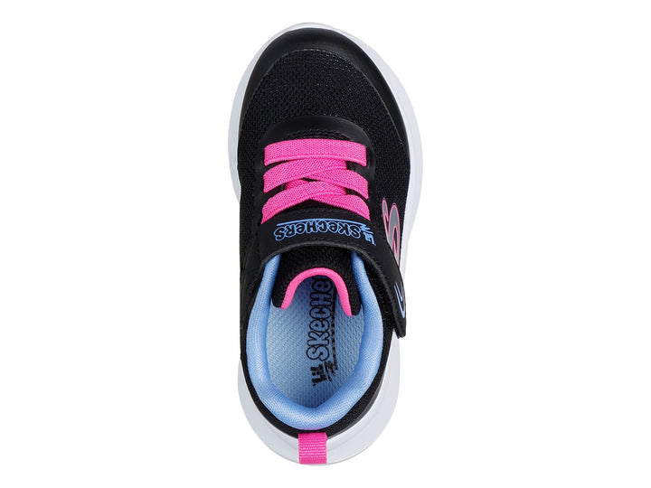 Tenis deportivos Skechers para niña en color negro con detalles en rosa y azul y suela blanca.