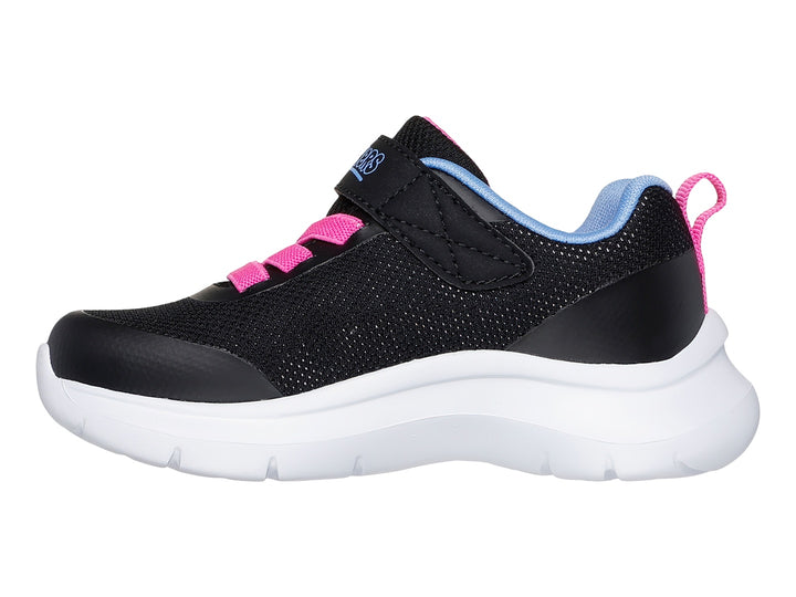 Tenis deportivos Skechers para niña en color negro con detalles en rosa y azul y suela blanca.