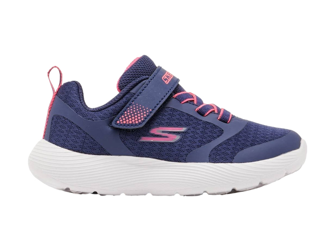 Tenis deportivos Skechers color azul marino con detalles en rosa y suela blanca.
