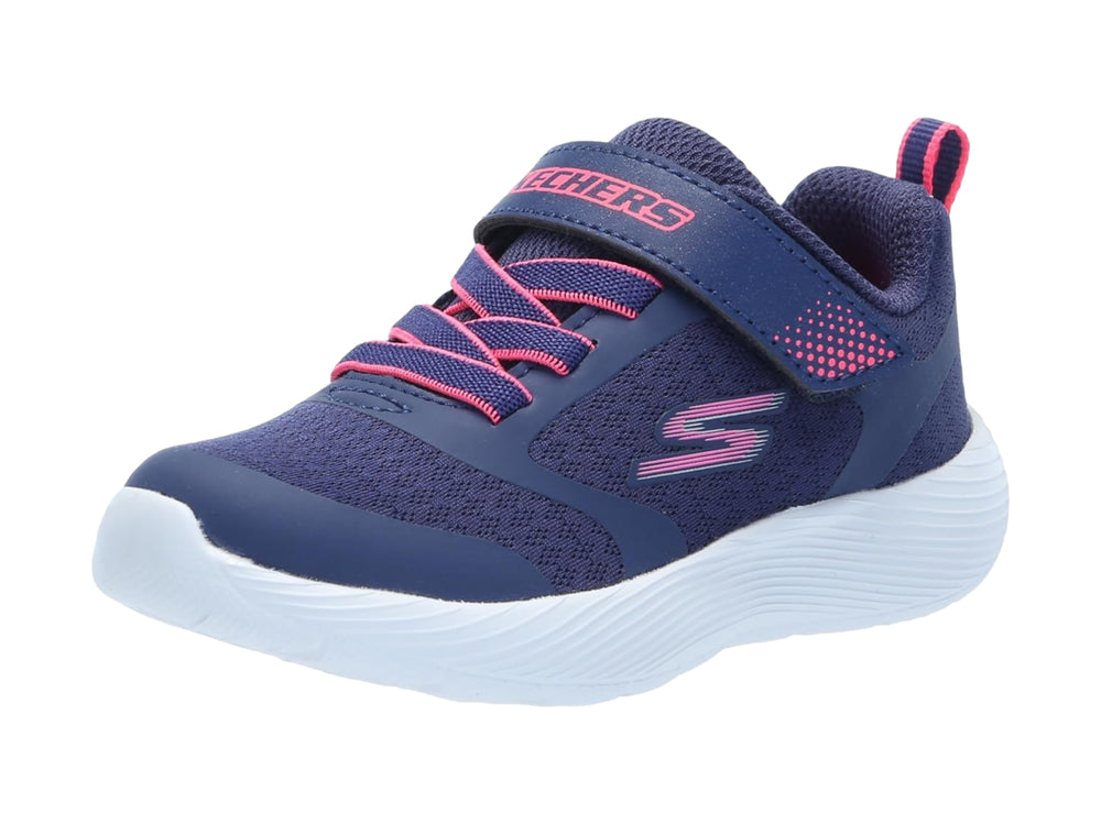 Tenis deportivos Skechers color azul marino con detalles en rosa y suela blanca.