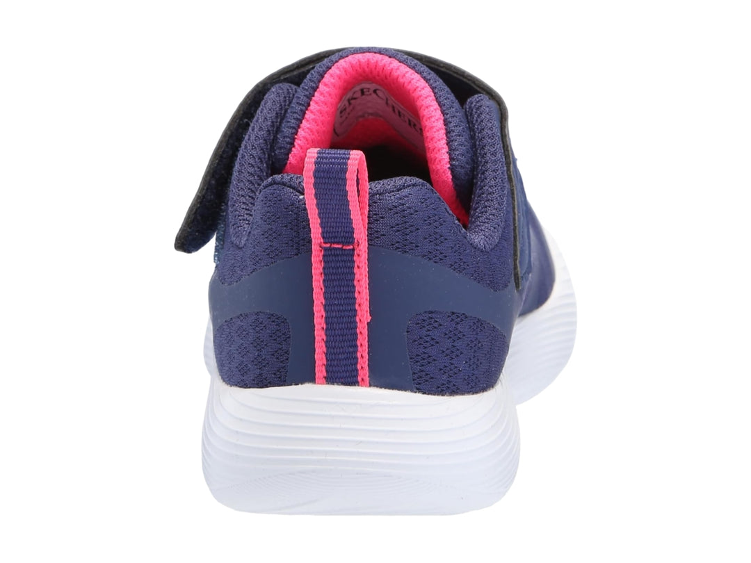Tenis deportivos Skechers color azul marino con detalles en rosa y suela blanca.