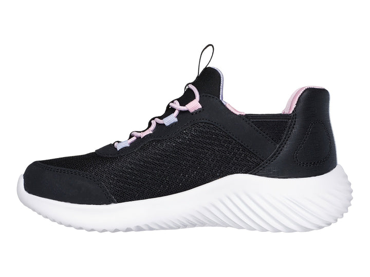 Tenis deportivos Skechers color negro con suela blanca y detalles en rosa para Niña.