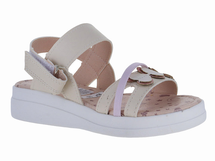 Sandalia para niña color beige con suela blanca de plataforma y correas ajustables.
