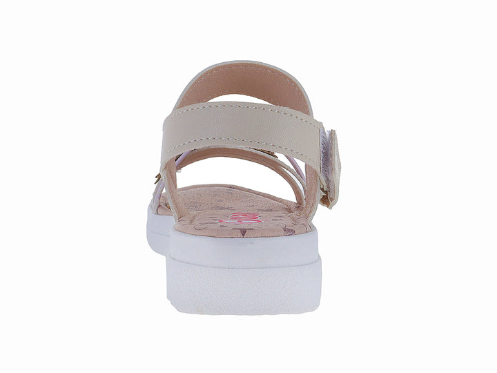 Sandalia para niña color beige con suela blanca de plataforma y correas ajustables.
