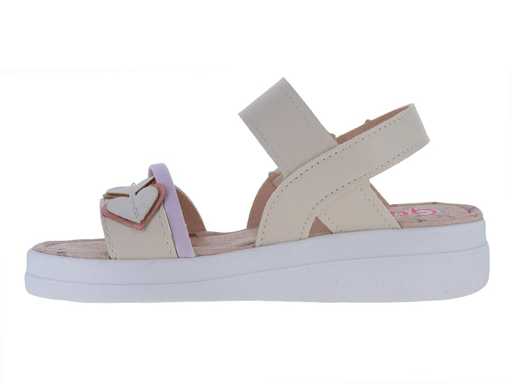 Sandalia para niña color beige con suela blanca de plataforma y correas ajustables.