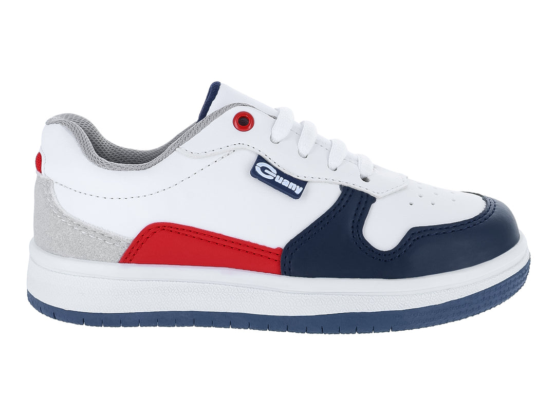 Tenis infantiles Guany color blanco con detalles en azul, rojo y gris.