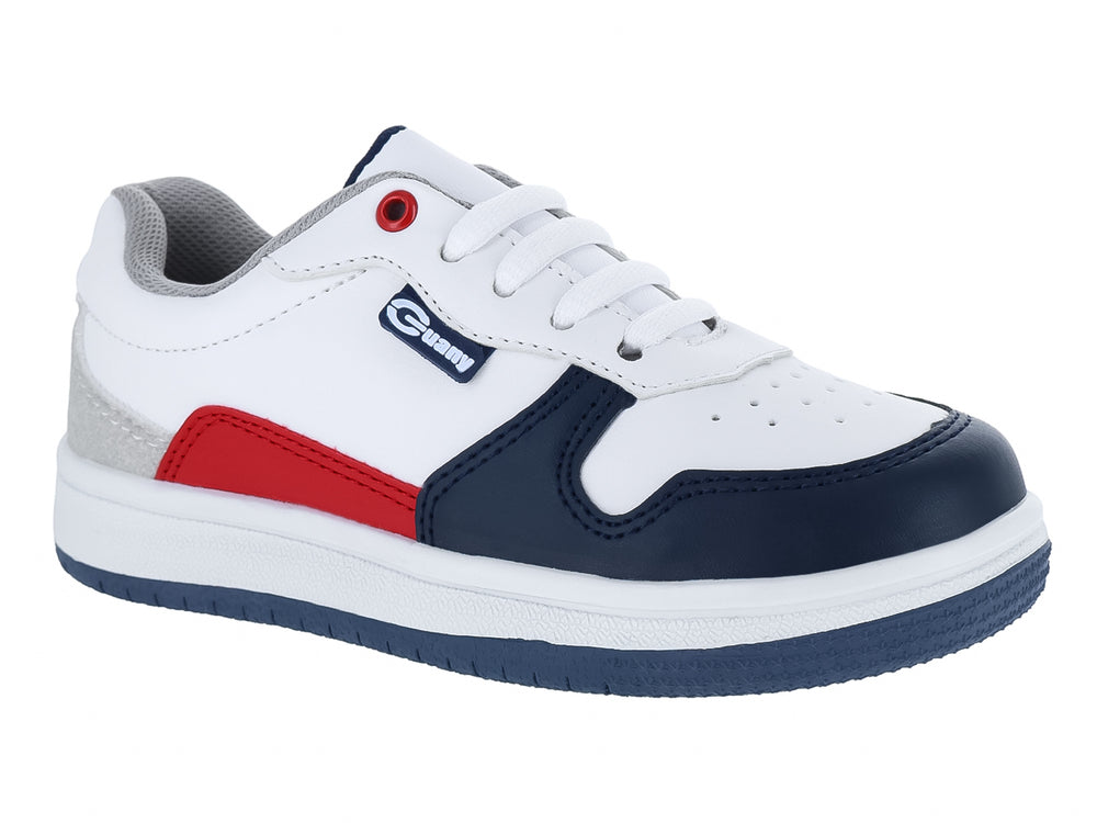 Tenis infantiles Guany color blanco con detalles en azul, rojo y gris.